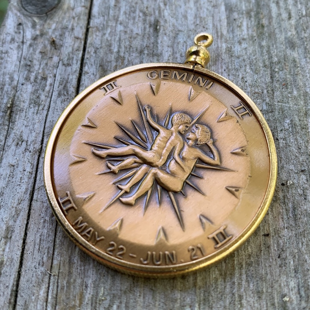 Gemini Bronze medallion Pendant Vintage Jewelry